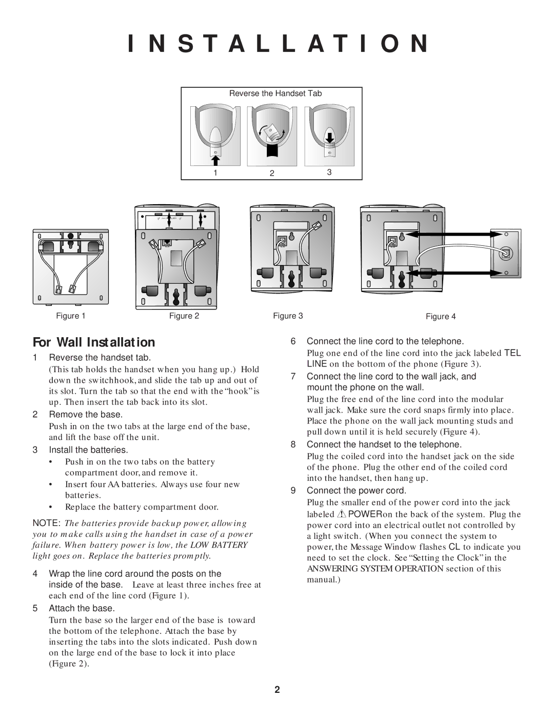 AT&T 1825 user manual For Wall Installation, Reverse the handset tab, Remove the base 