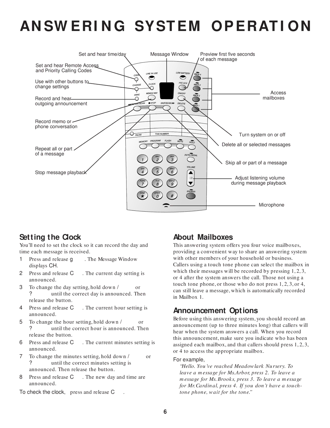 AT&T 1825 Setting the Clock, About Mailboxes, Announcement Options, To check the clock, press and release C, For example 