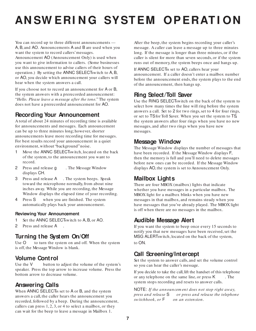 AT&T 1825 Recording Your Announcement, Turning the System On/Off, Answering Calls, Ring Select/Toll Saver, Message Window 