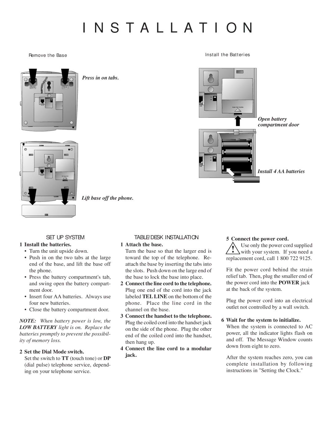 AT&T 1854 manual SET UP System, TABLE/DESK Installation 