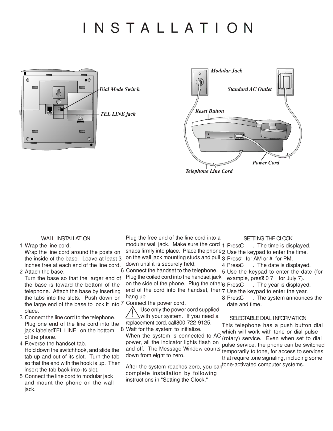 AT&T 1854 manual Wall Installation, Setting the Clock, Selectable Dial Information, Wrap the line cord 