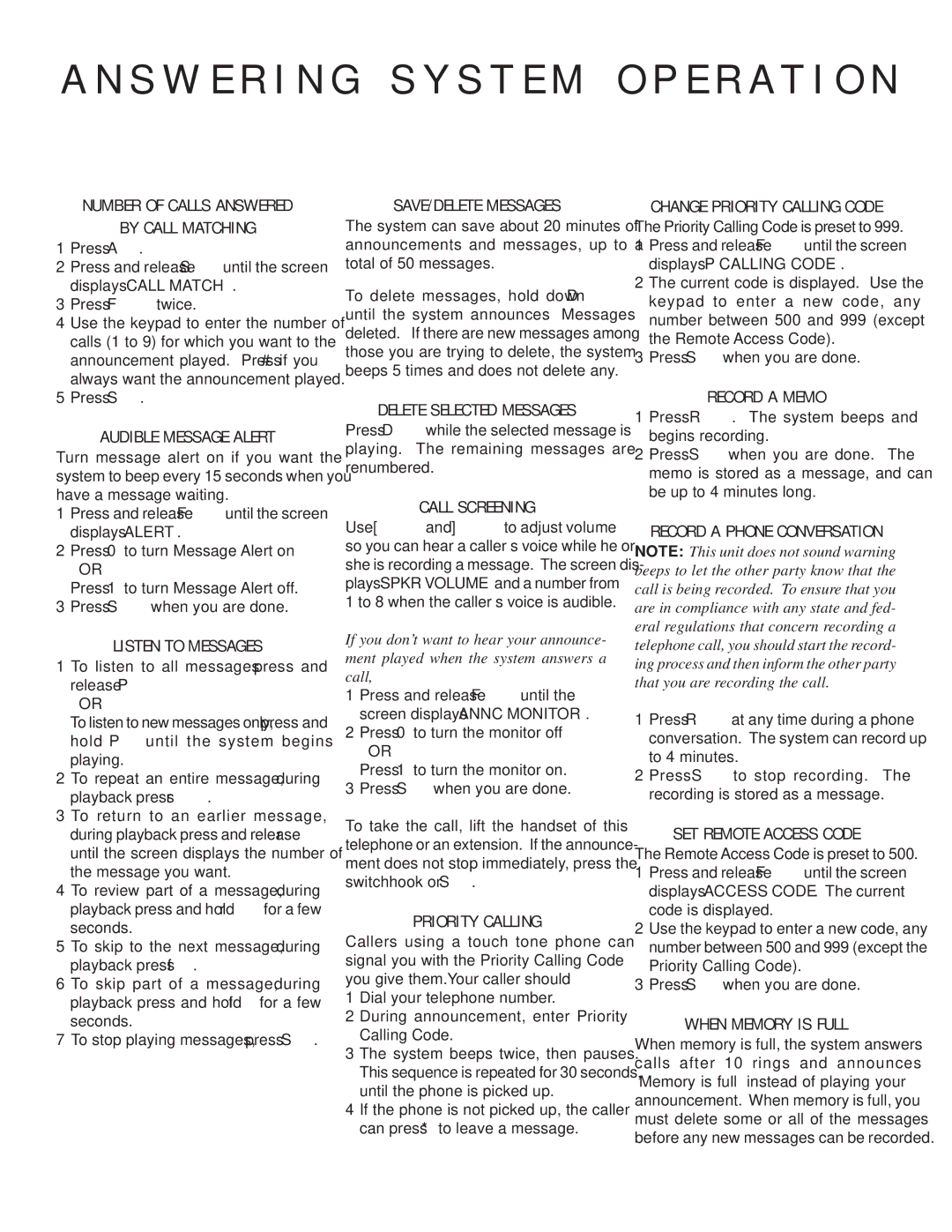 AT&T 1854 manual Number of Calls Answered By Call Matching, Audible Message Alert, Listen to Messages, SAVE/DELETE Messages 