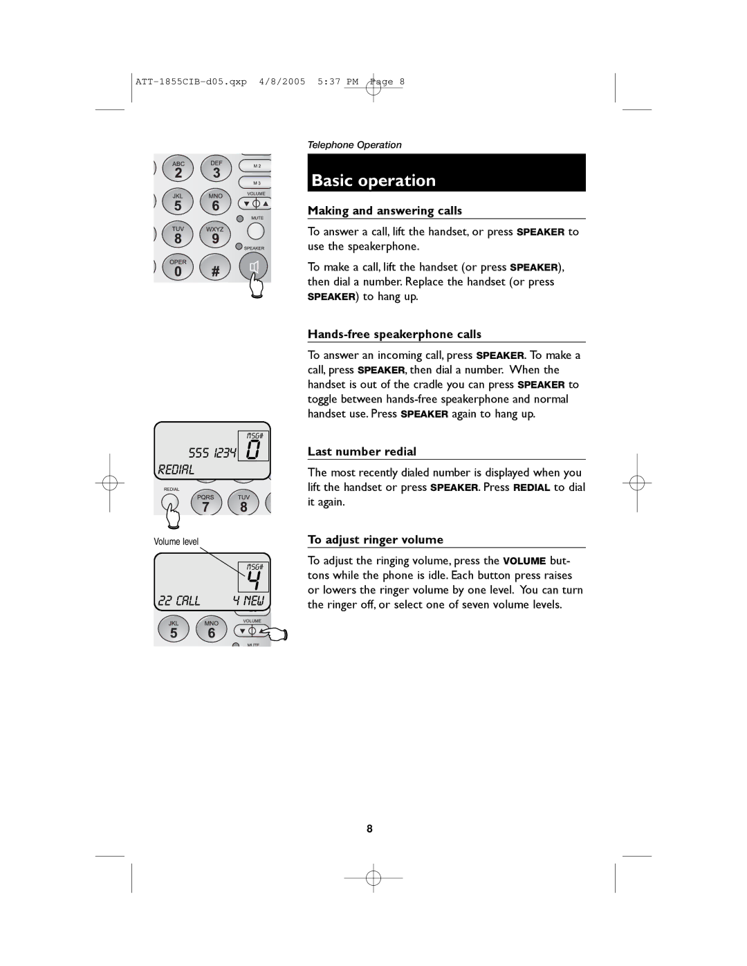 AT&T 1855 user manual Basic operation, Making and answering calls, Hands-free speakerphone calls, Last number redial 