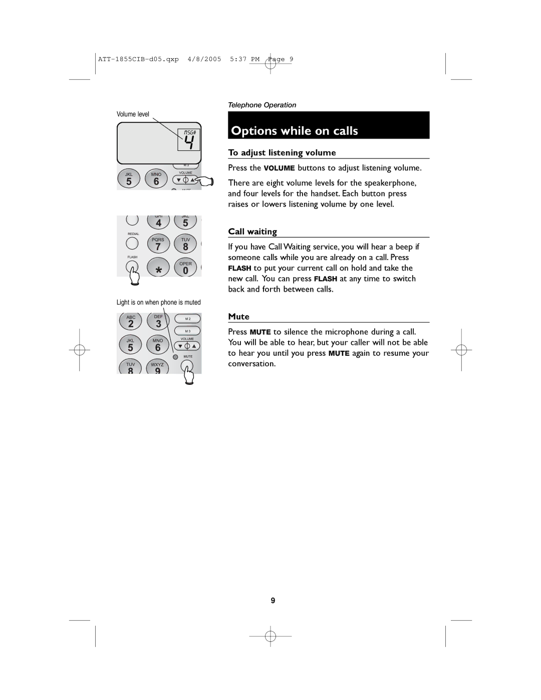 AT&T 1855 Options while on calls, To adjust listening volume, Call waiting, Mute, Light is on when phone is muted 