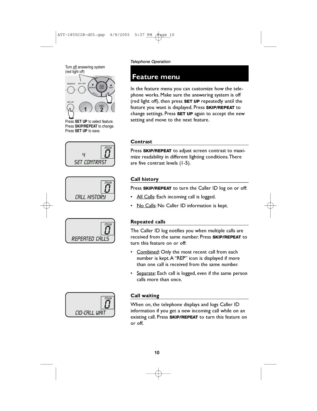 AT&T 1855 user manual Feature menu, Contrast, Call history, Repeated calls, Turn off answering system red light off 