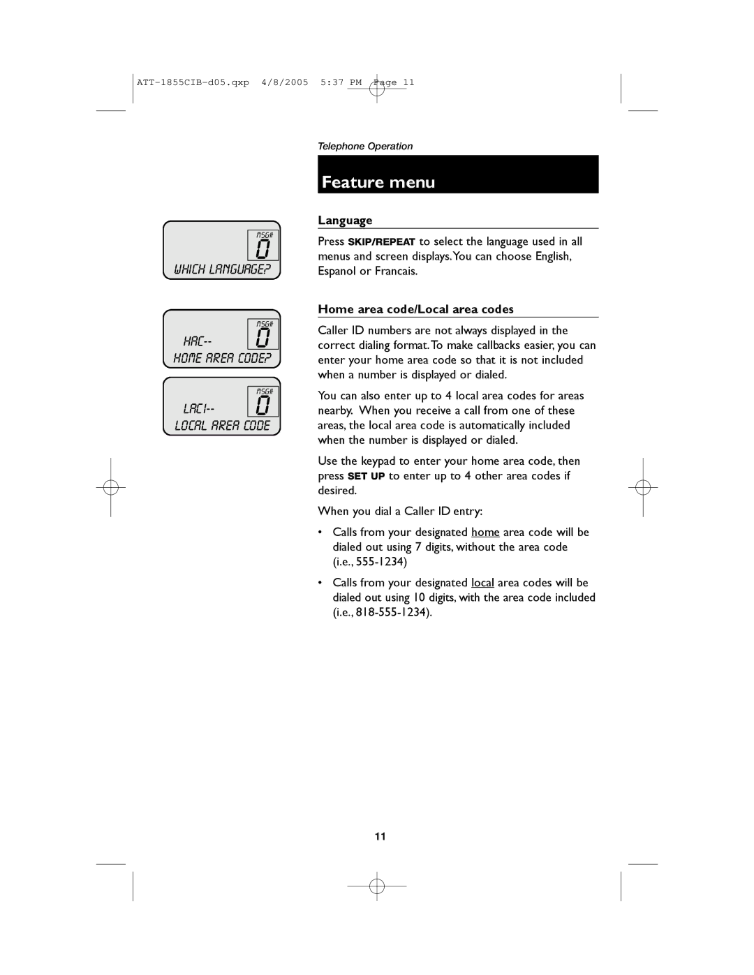 AT&T 1855 user manual Language, Home area code/Local area codes 