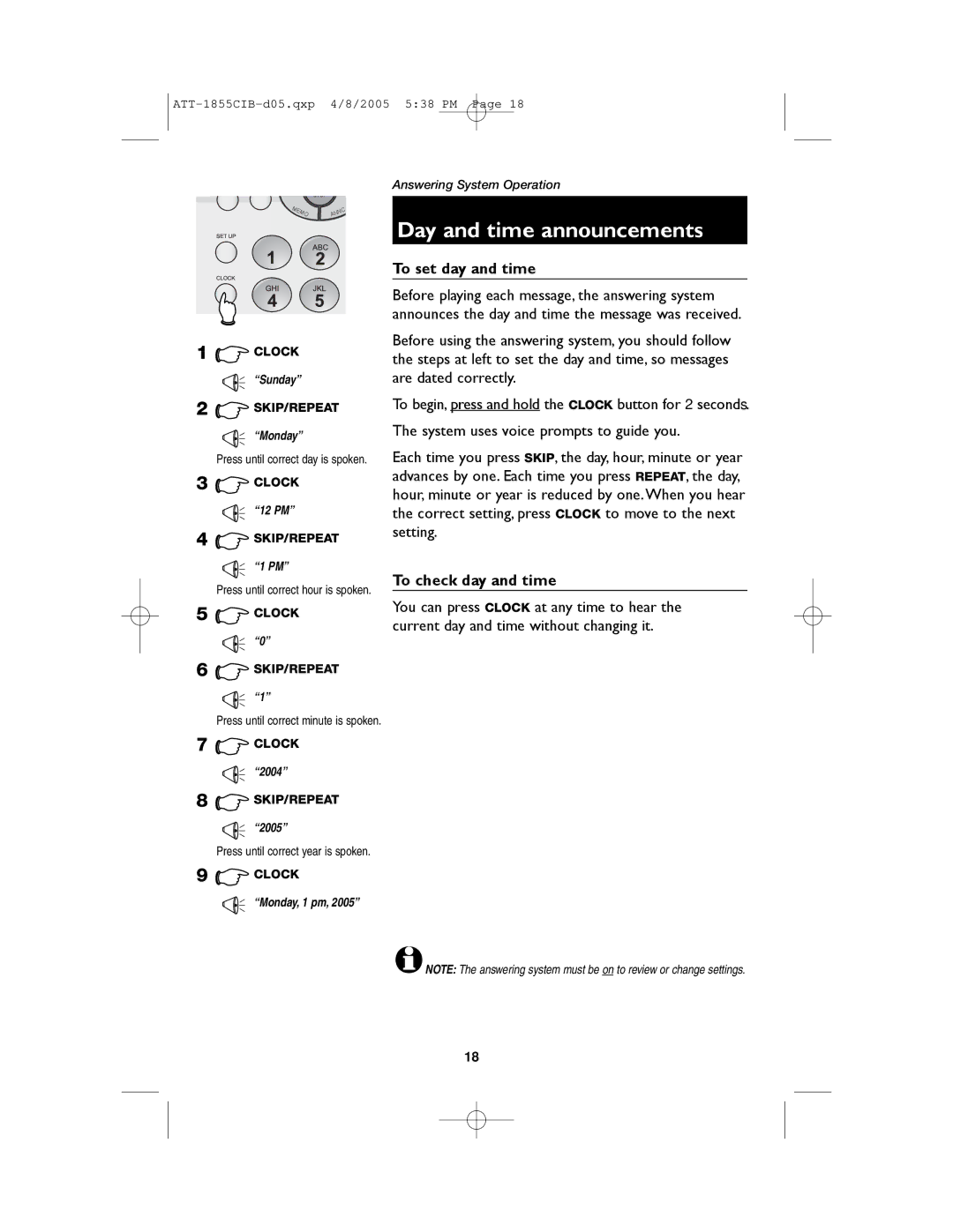 AT&T 1855 Day and time announcements, To set day and time, To check day and time, Press until correct minute is spoken 