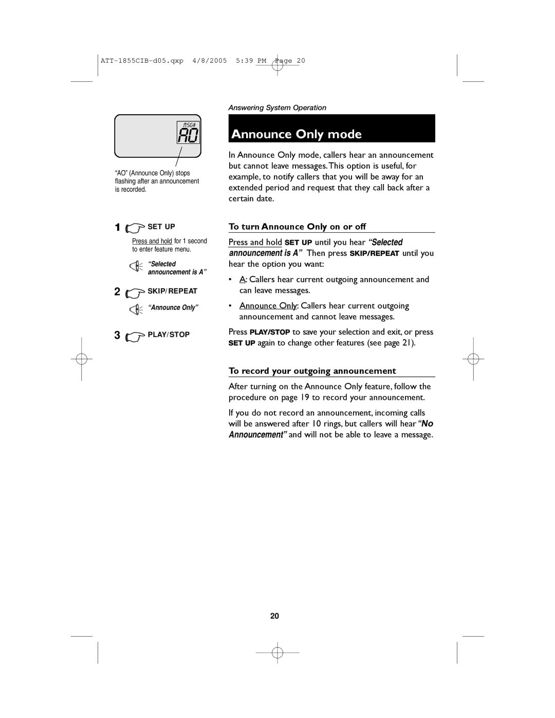 AT&T 1855 user manual Announce Only mode, To turn Announce Only on or off 