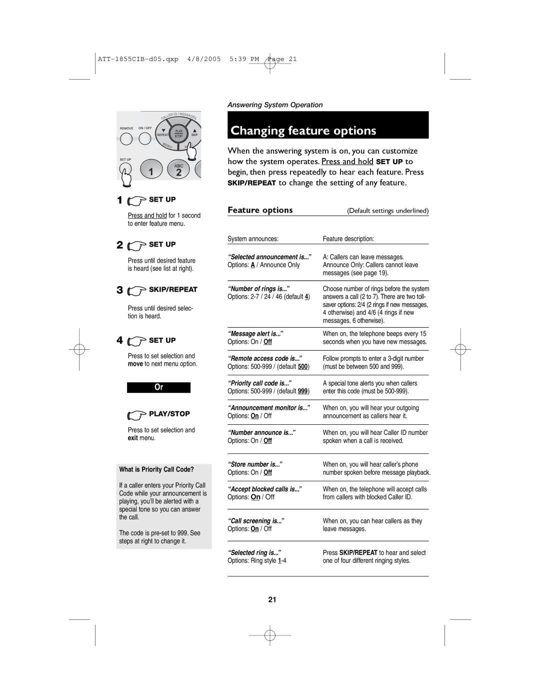 AT&T 1855 user manual Changing feature options, Feature options 