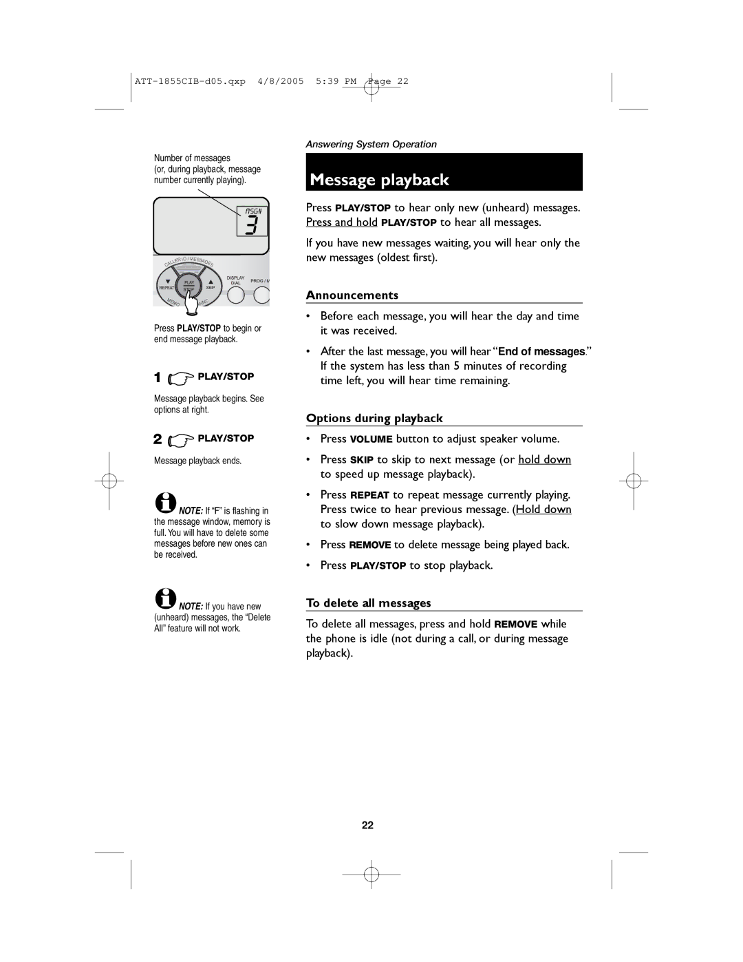 AT&T 1855 user manual Message playback, Announcements, Options during playback, To delete all messages 