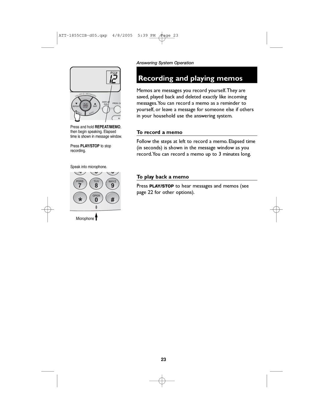 AT&T 1855 user manual Recording and playing memos, To record a memo, To play back a memo, Speak into microphone Microphone 