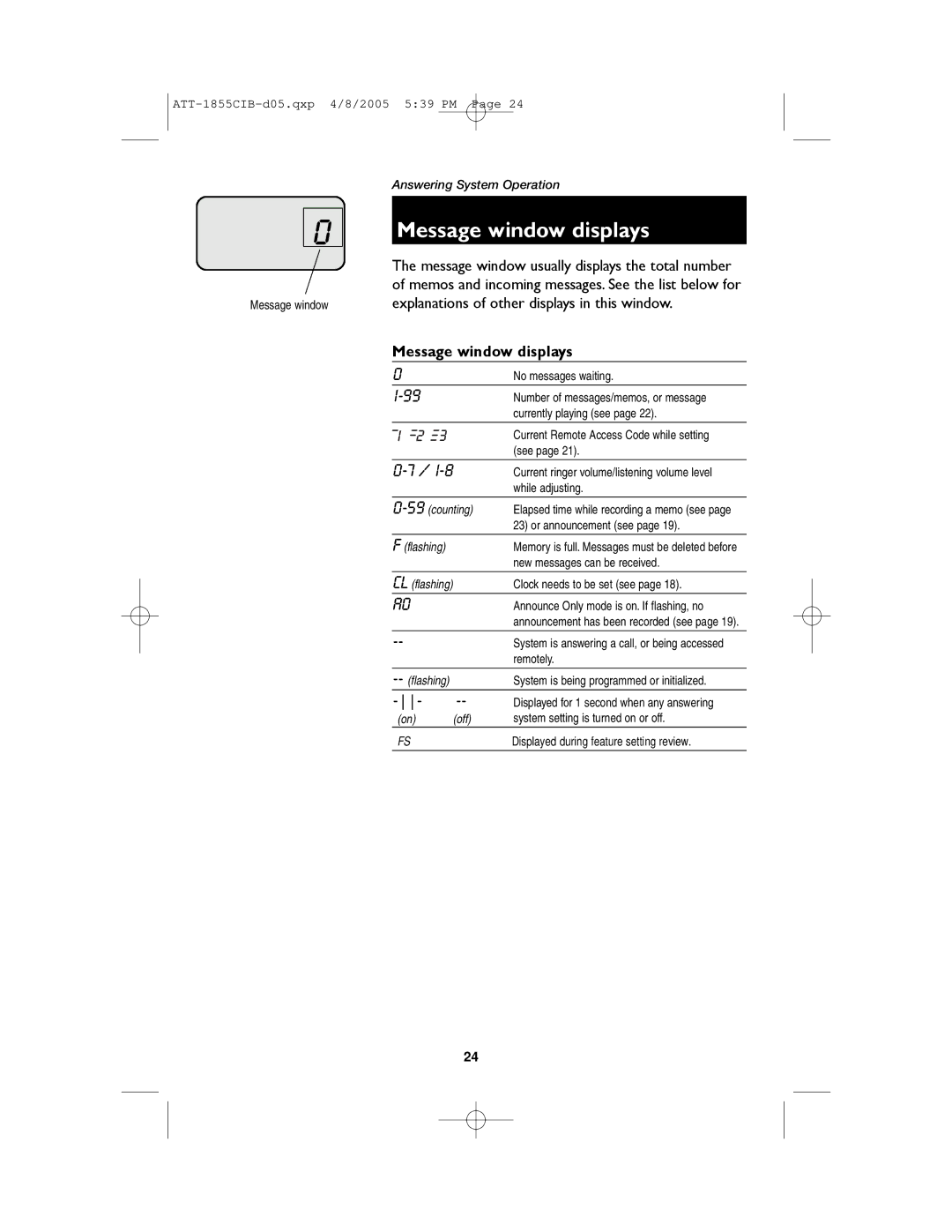 AT&T 1855 user manual Message window displays 