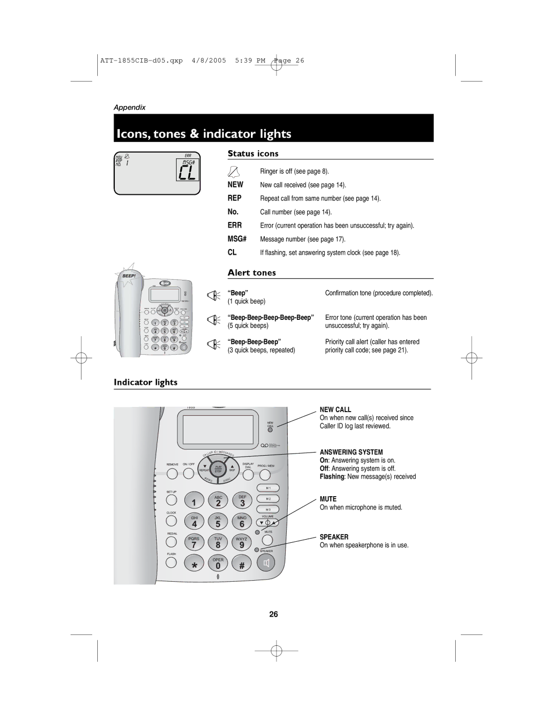 AT&T 1855 user manual Icons, tones & indicator lights, Status icons, Alert tones, Indicator lights 