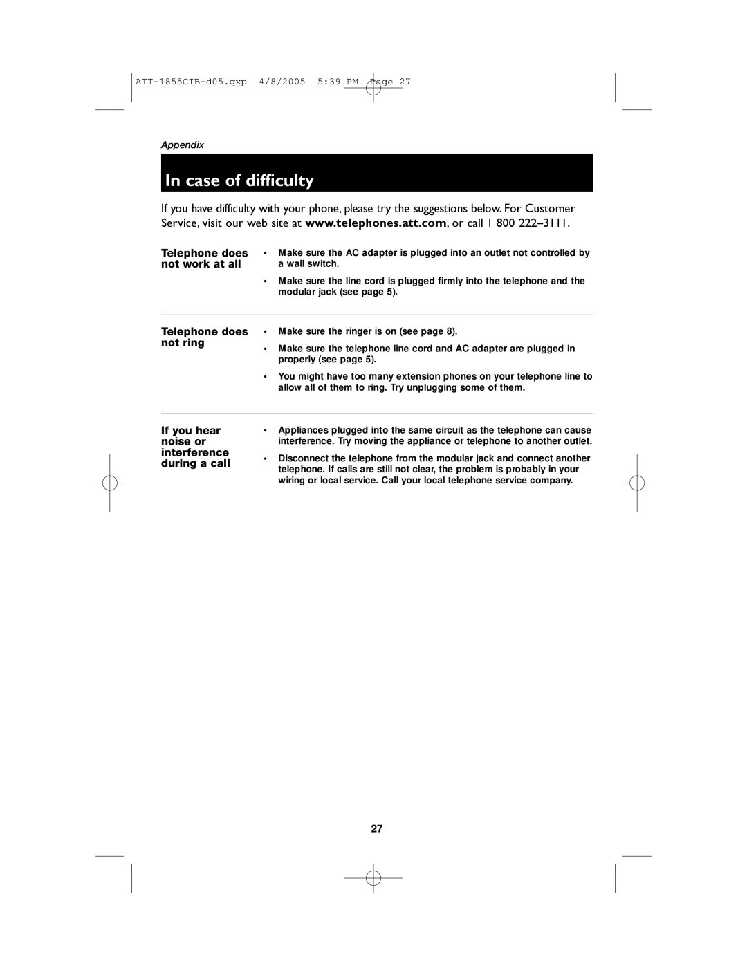 AT&T 1855 user manual Case of difficulty, Telephone does not ring 