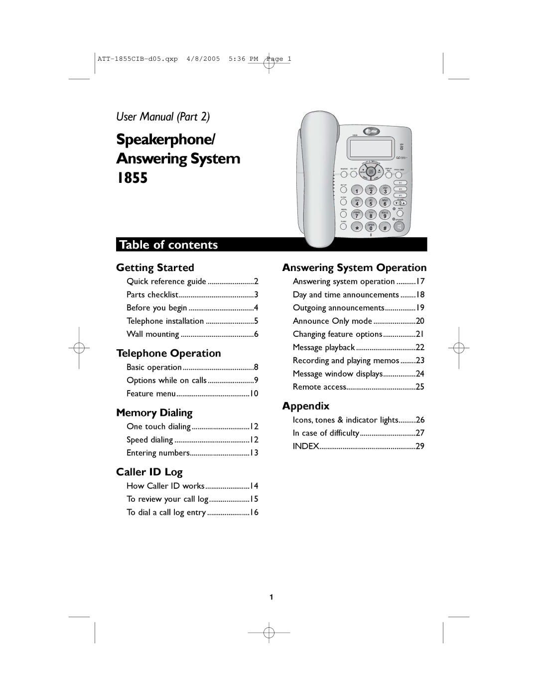 AT&T 1855 user manual Speakerphone/ Answering System, Table of contents 