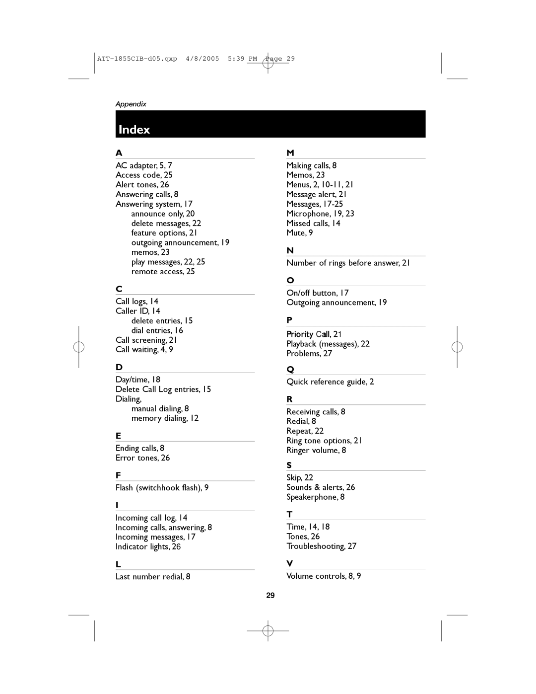 AT&T 1855 user manual Index 