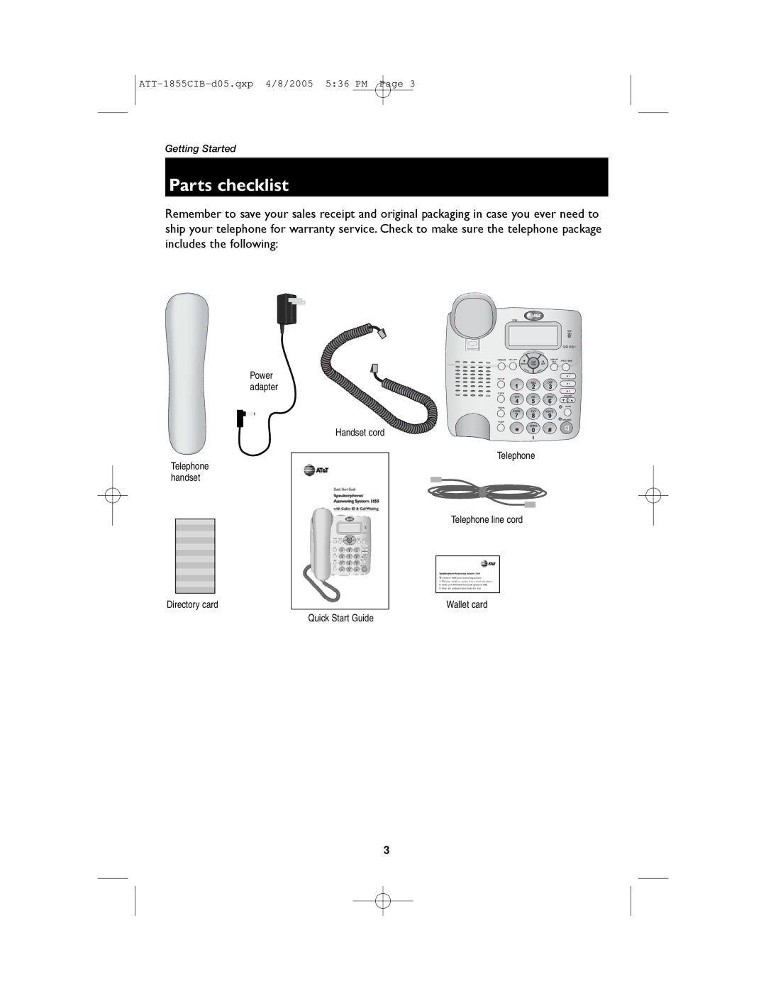 AT&T 1855 user manual Parts checklist, Handset cord 