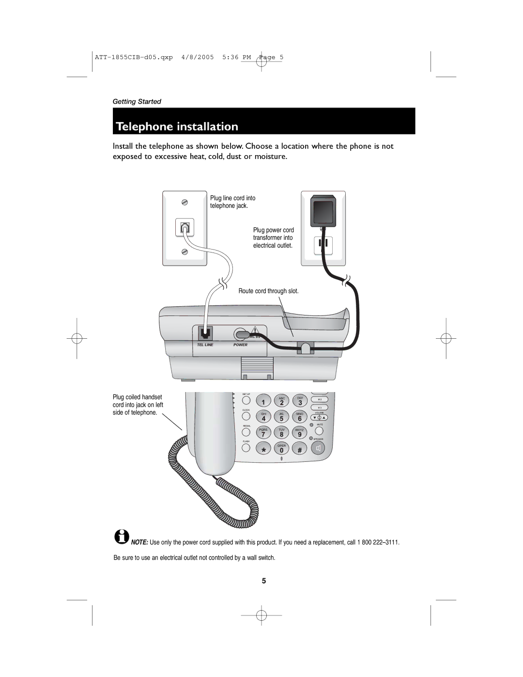 AT&T 1855 user manual Telephone installation, Route cord through slot 