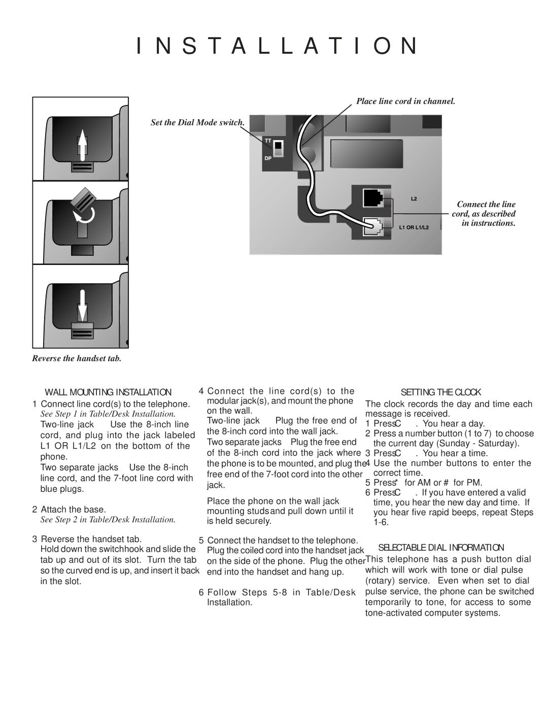 AT&T 1872 user manual Wall Mounting Installation, Setting the Clock, Selectable Dial Information, Reverse the handset tab 