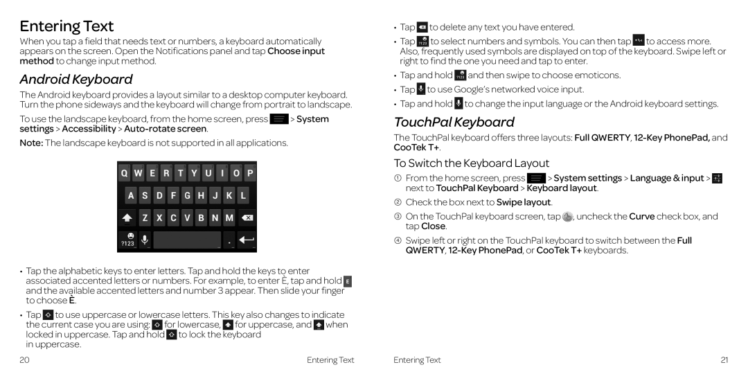 AT&T 2 manual Entering Text, Android Keyboard, TouchPal Keyboard, To Switch the Keyboard Layout 