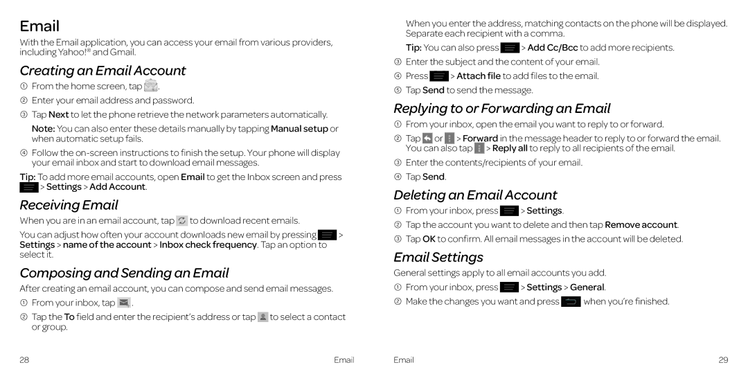 AT&T 2 Creating an Email Account, Receiving Email, Composing and Sending an Email, Replying to or Forwarding an Email 