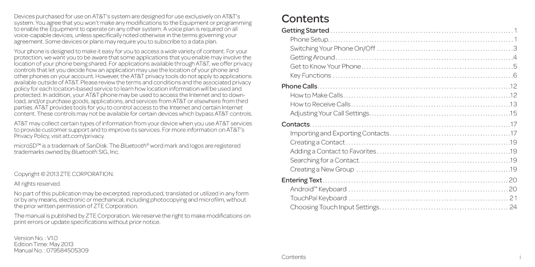 AT&T 2 manual Contents 