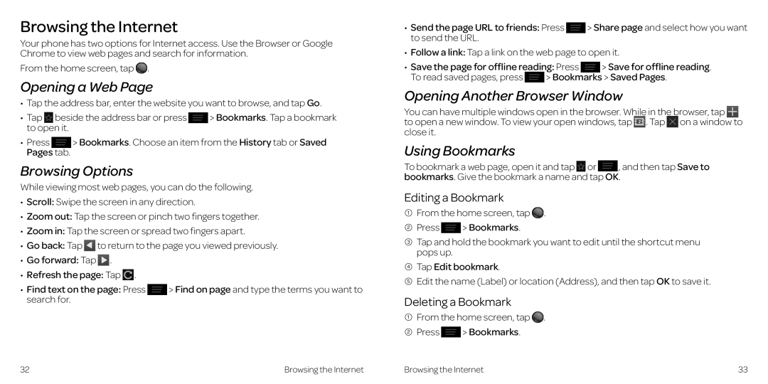 AT&T 2 manual Browsing the Internet, Opening a Web, Browsing Options, Opening Another Browser Window, Using Bookmarks 