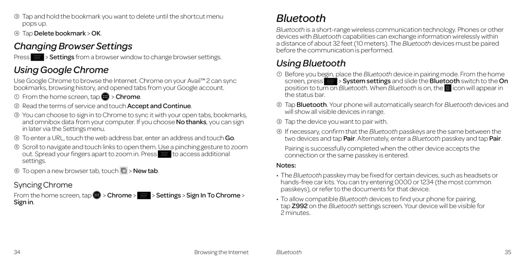 AT&T 2 manual Changing Browser Settings, Using Google Chrome, Using Bluetooth, Syncing Chrome 