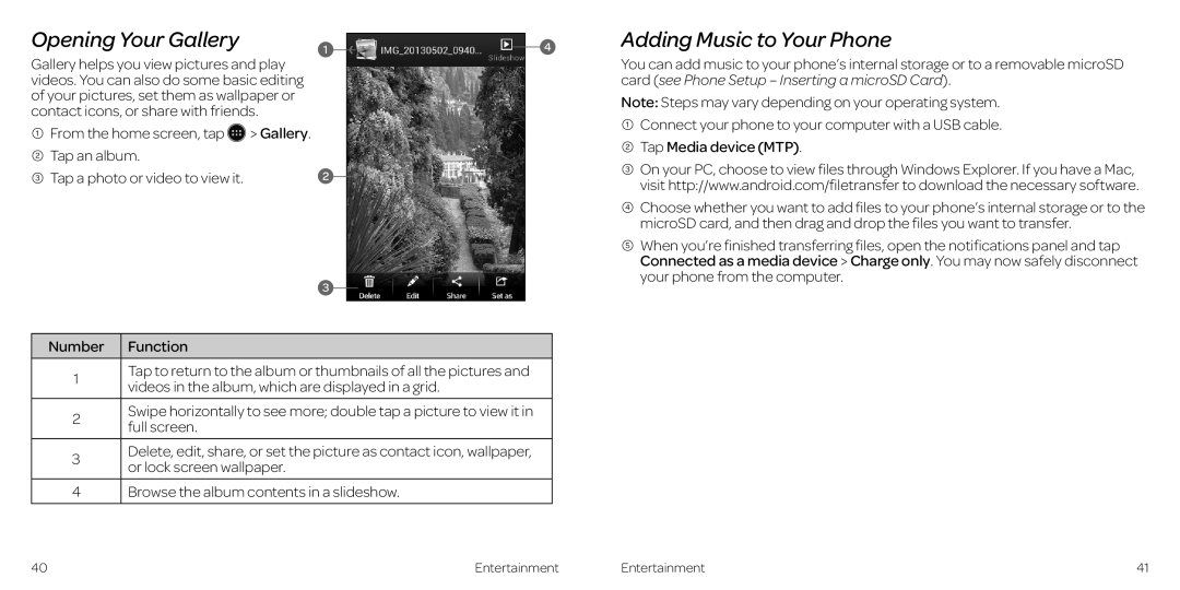 AT&T 2 manual Opening Your Gallery Adding Music to Your Phone, Gallery helps you view pictures and play 