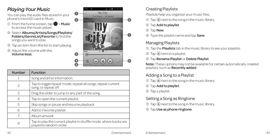 AT&T 2 Playing Your Music, Creating Playlists, Managing Playlists, Adding a Song to a Playlist, Setting a Song as Ringtone 