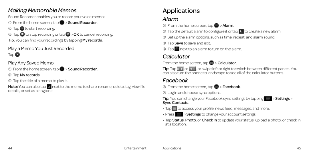 AT&T 2 manual Applications, Making Memorable Memos, Alarm, Calculator, Facebook 