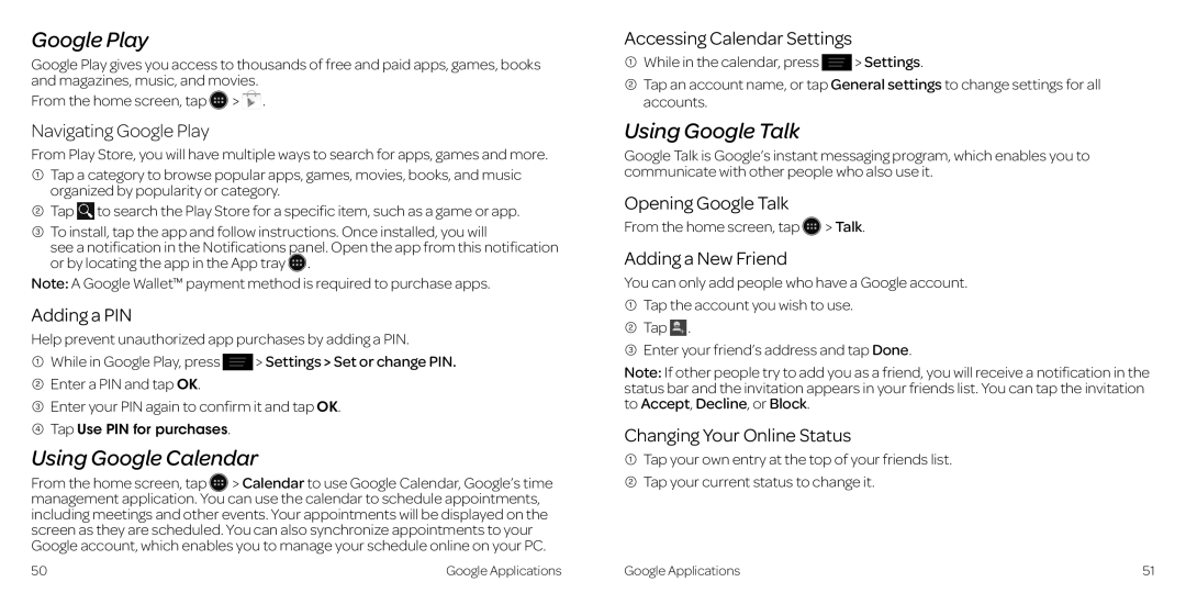 AT&T 2 manual Google Play, Using Google Calendar, Using Google Talk 