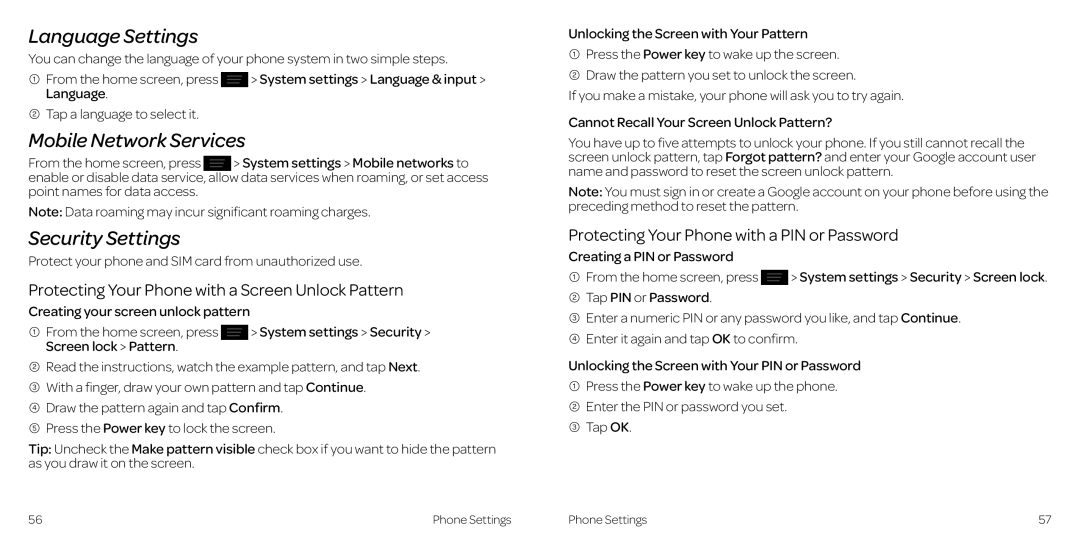 AT&T 2 Language Settings, Mobile Network Services, Security Settings, Protecting Your Phone with a Screen Unlock Pattern 