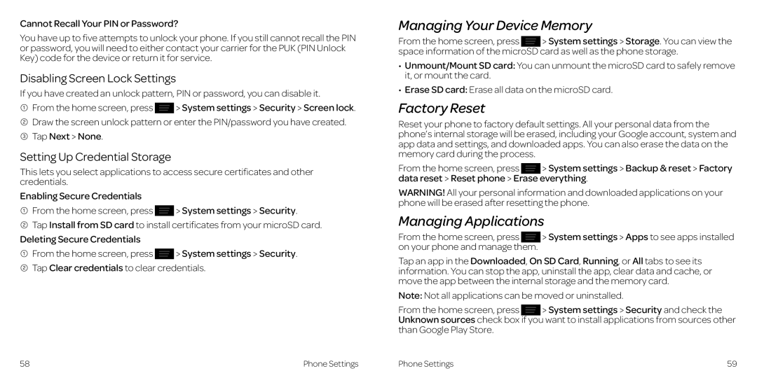 AT&T 2 manual Managing Your Device Memory, Factory Reset, Managing Applications, Disabling Screen Lock Settings 