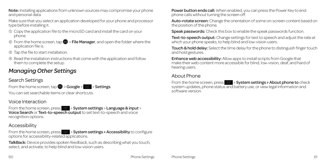 AT&T 2 manual Managing Other Settings, Search Settings, Voice Interaction, Accessibility, About Phone 