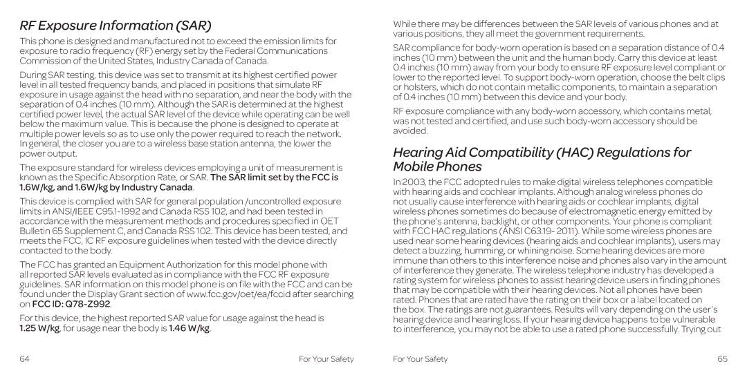 AT&T 2 manual RF Exposure Information SAR, Hearing Aid Compatibility HAC Regulations for Mobile Phones 