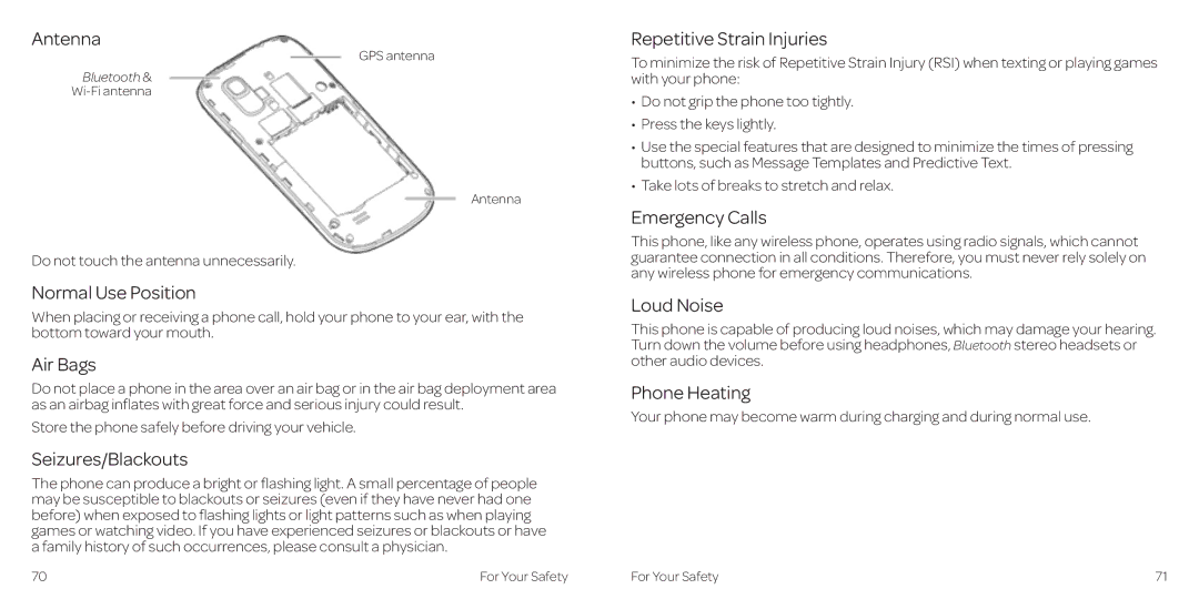 AT&T 2 Antenna, Normal Use Position, Air Bags, Seizures/Blackouts, Repetitive Strain Injuries, Emergency Calls, Loud Noise 