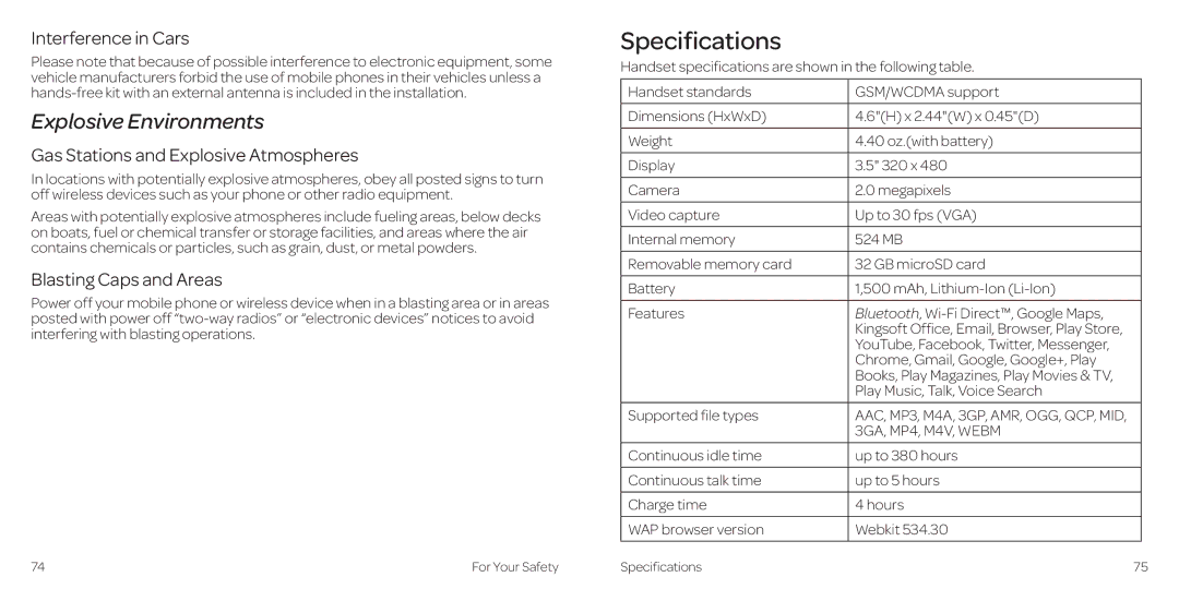 AT&T 2 manual Specifications, Explosive Environments, Interference in Cars, Gas Stations and Explosive Atmospheres 