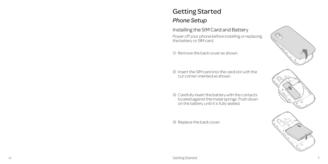 AT&T 2 manual Getting Started, Phone Setup, Installing the SIM Card and Battery, Replace the back cover 