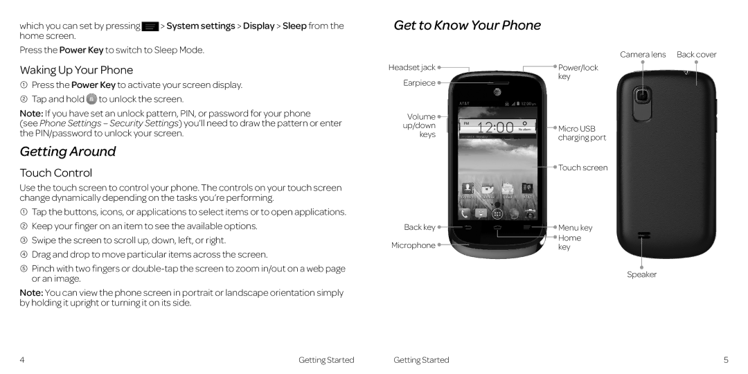 AT&T 2 manual Get to Know Your Phone, Getting Around, Waking Up Your Phone, Touch Control 