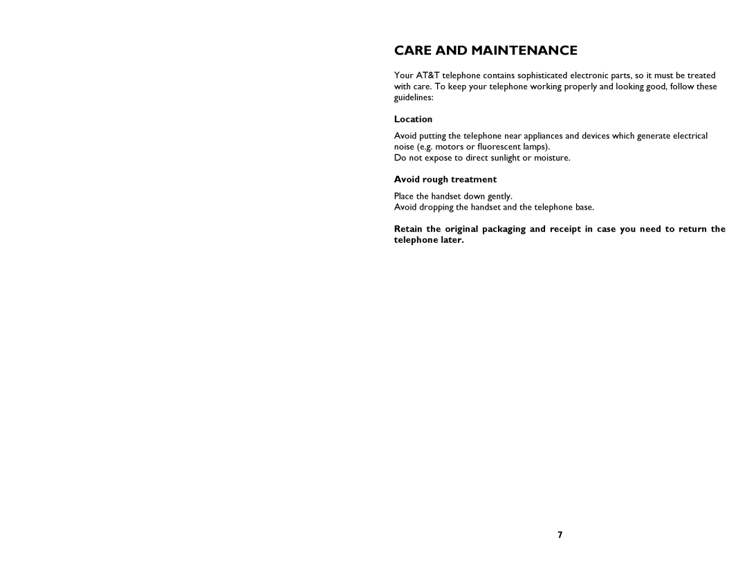 AT&T 205 user manual Care and Maintenance, Location, Avoid rough treatment 