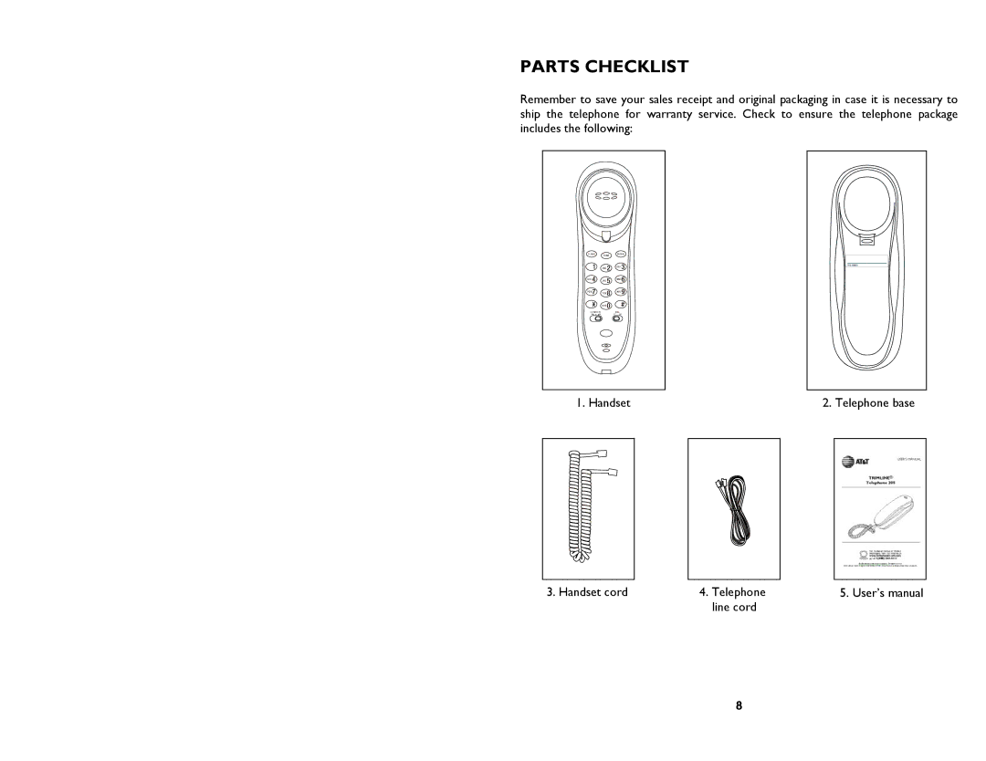 AT&T 205 user manual Parts Checklist 