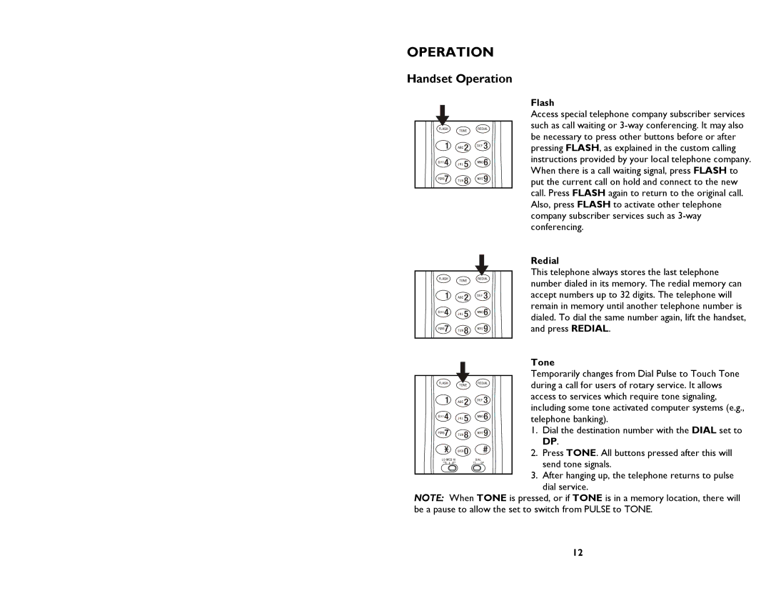 AT&T 205 user manual Handset Operation, Flash, Redial, Tone 