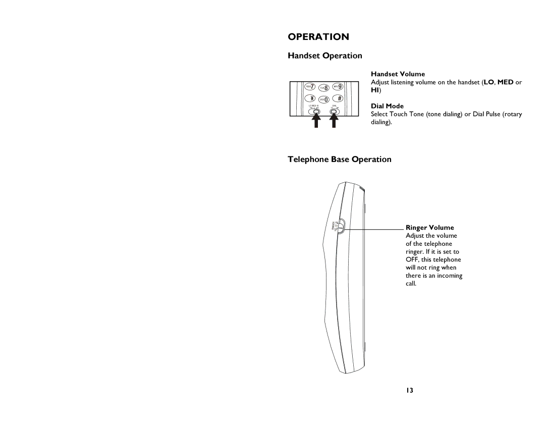 AT&T 205 user manual Telephone Base Operation, Handset Volume, Dial Mode 