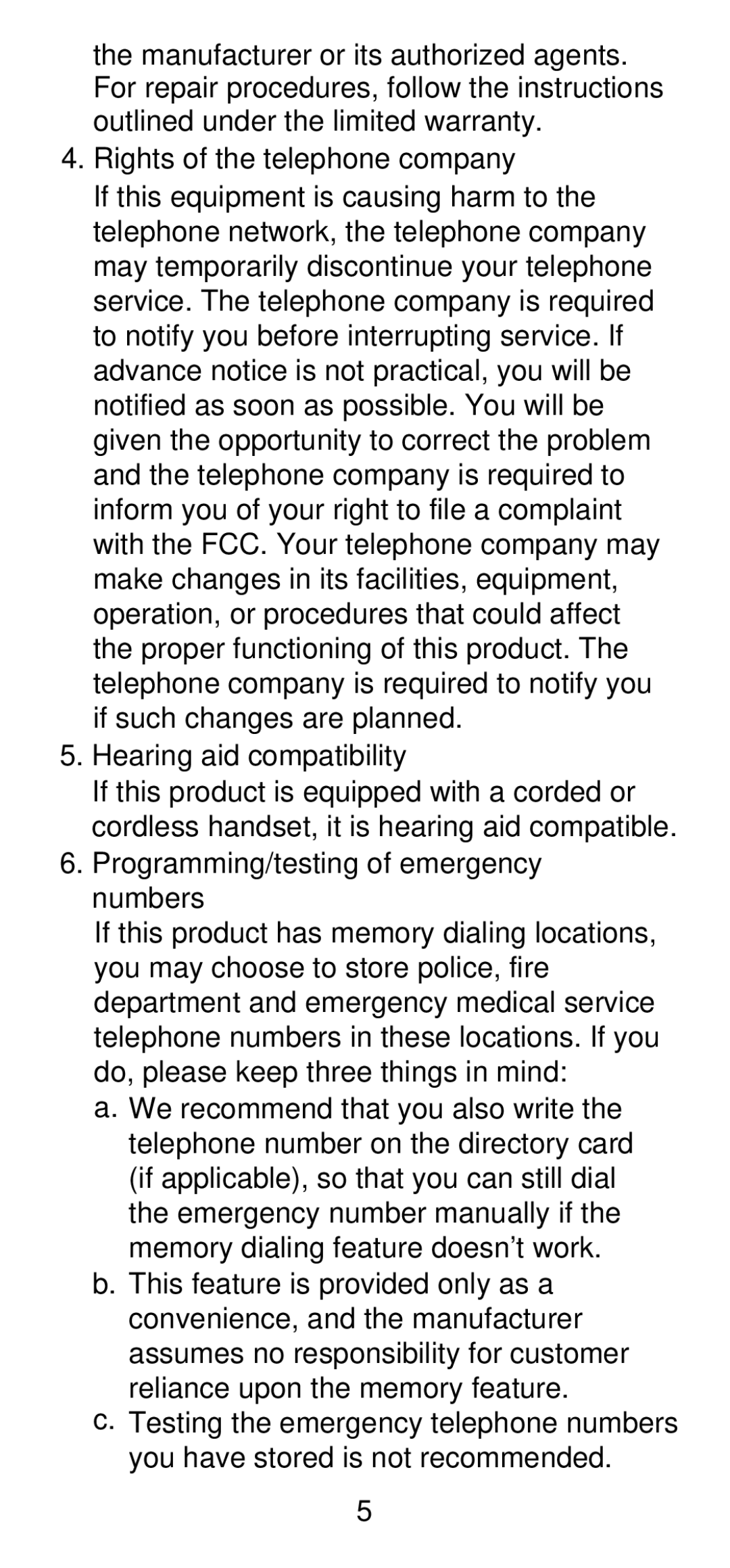 AT&T 210 user manual Rights of the telephone company, Hearing aid compatibility, Programming/testing of emergency numbers 