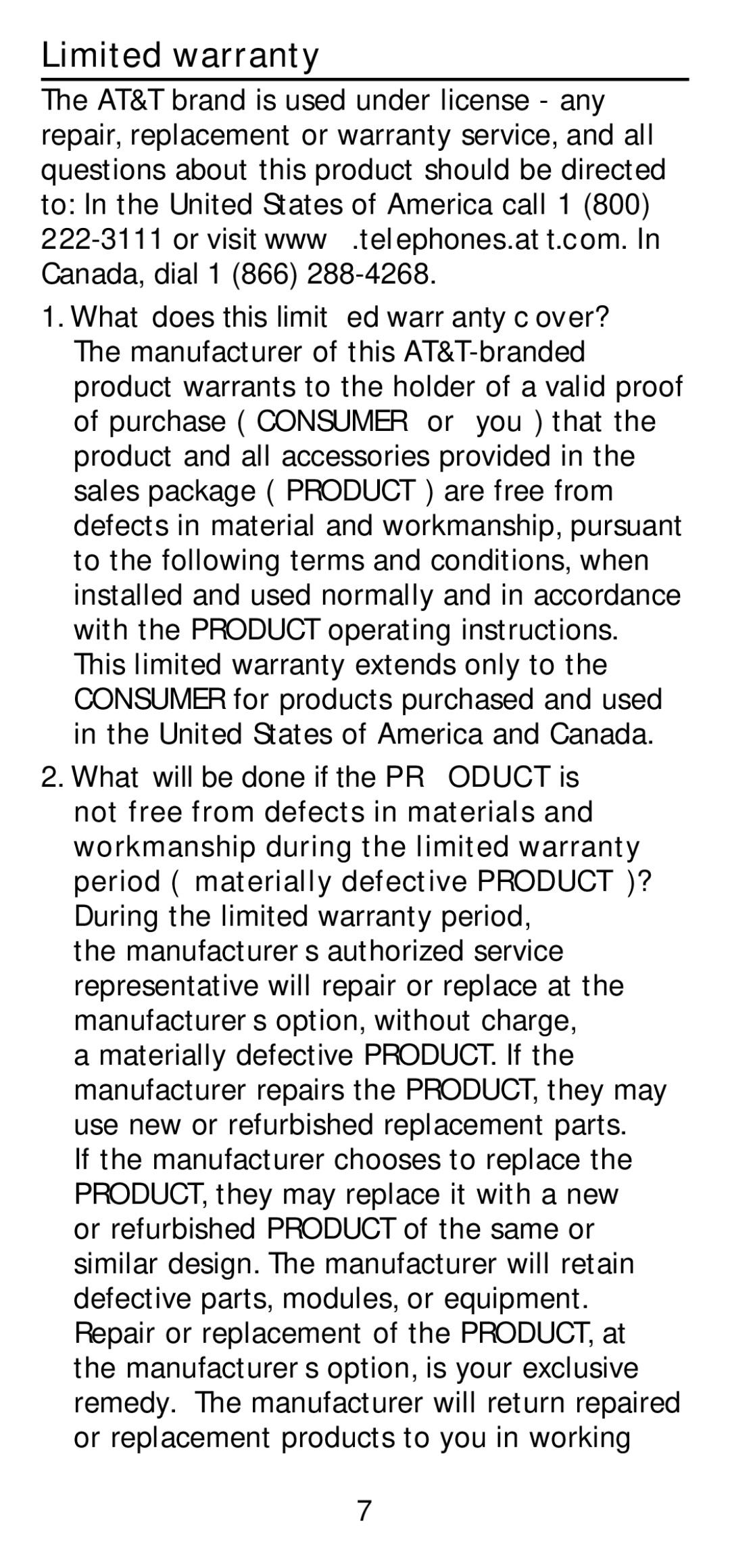 AT&T 210 user manual Limited warranty 