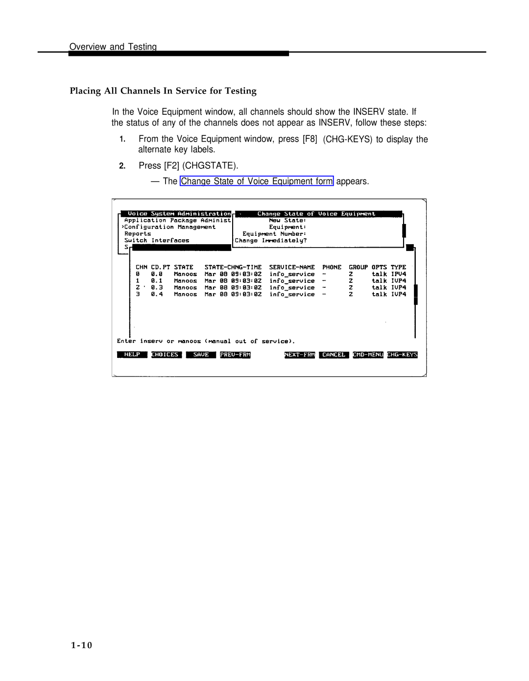 AT&T 2.1.1 manual Placing All Channels In Service for Testing 