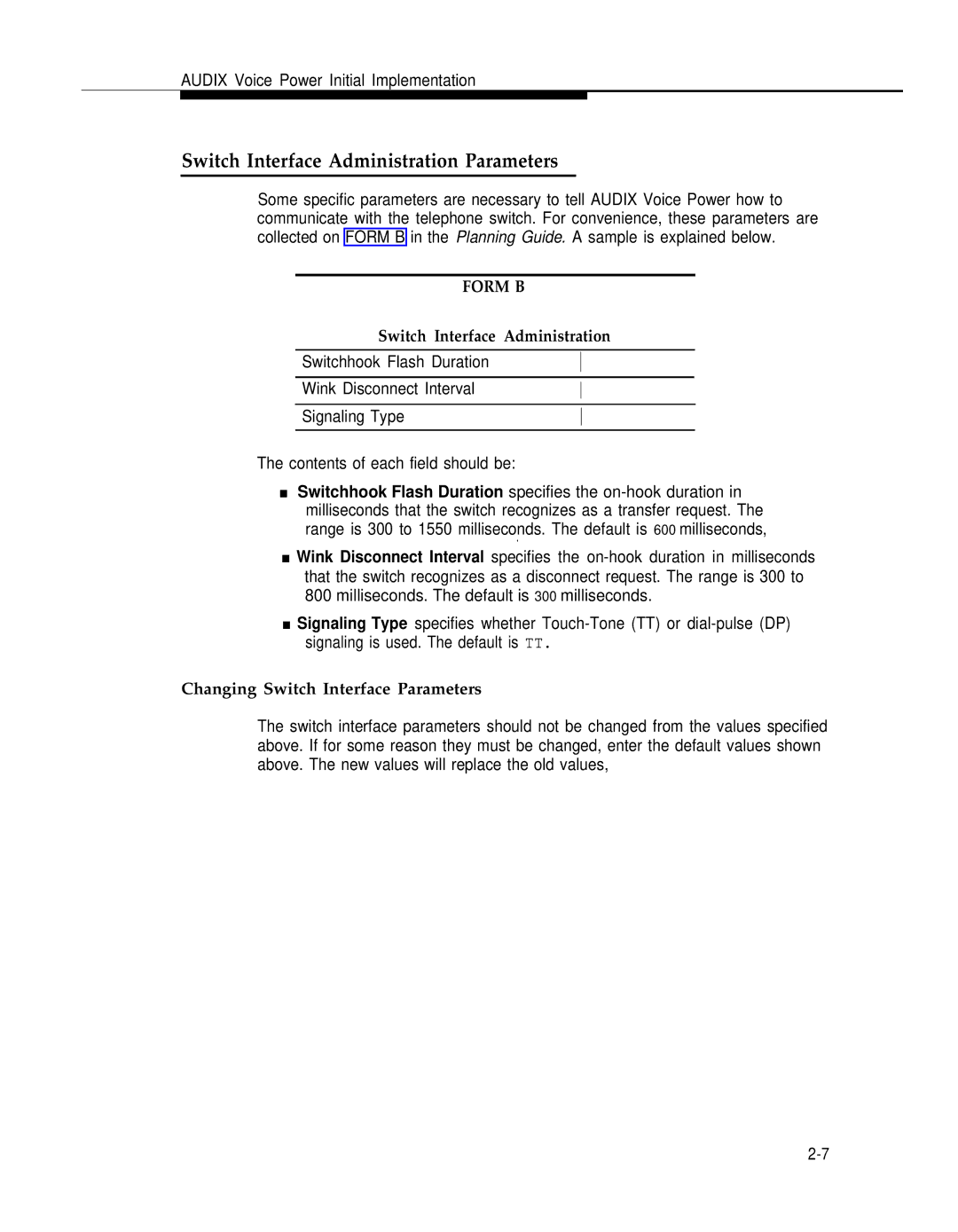 AT&T 2.1.1 manual Switch Interface Administration Parameters, Changing Switch Interface Parameters 