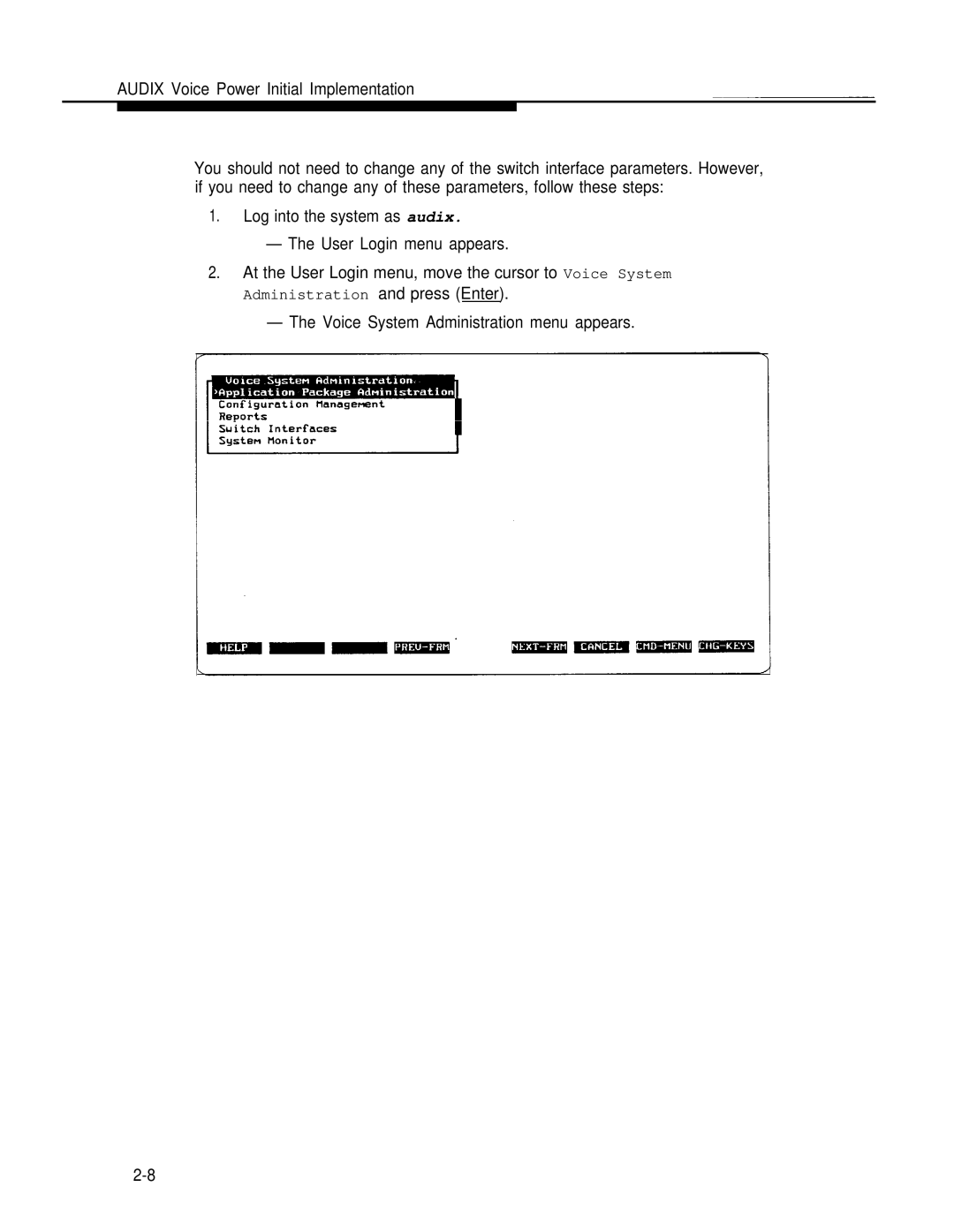 AT&T 2.1.1 manual Voice System Administration menu appears 