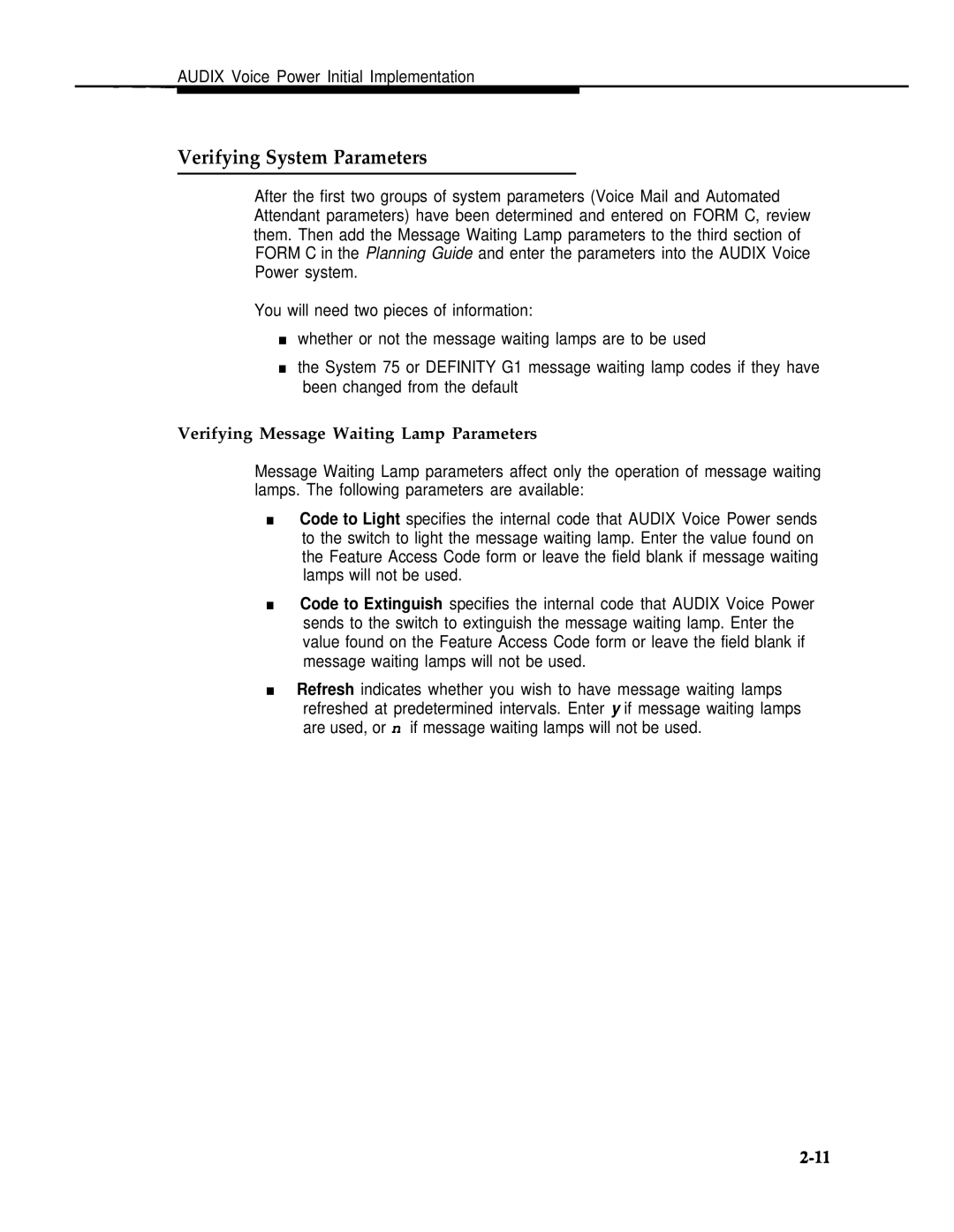 AT&T 2.1.1 manual Verifying System Parameters, Verifying Message Waiting Lamp Parameters 